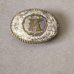 Vintage Crumrine Heavy Silver Plate On Jewelers Bronze "K" Belt Buckle